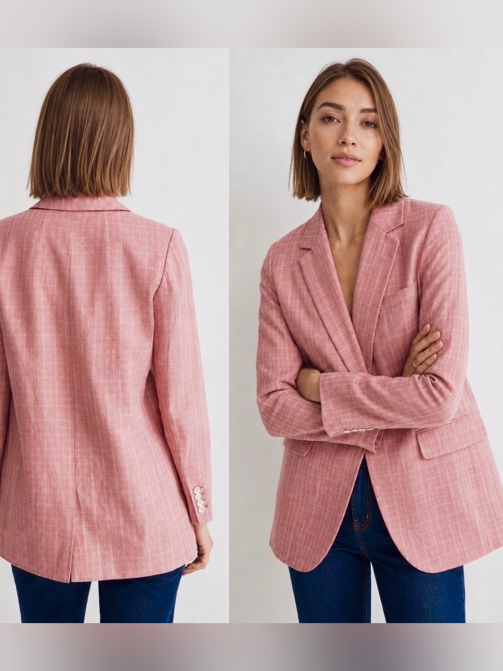 Madewell - women’s 100% Linen Pink The plaid 
Larsen Blazer oversized jacket XS